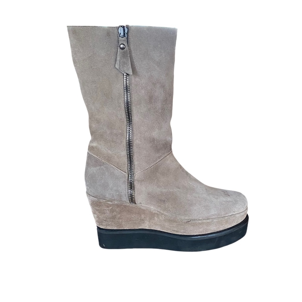 Stuart Weitzman Taupe Faux Fur-Lined Zipper Platform Boots, Women's Size 10.5